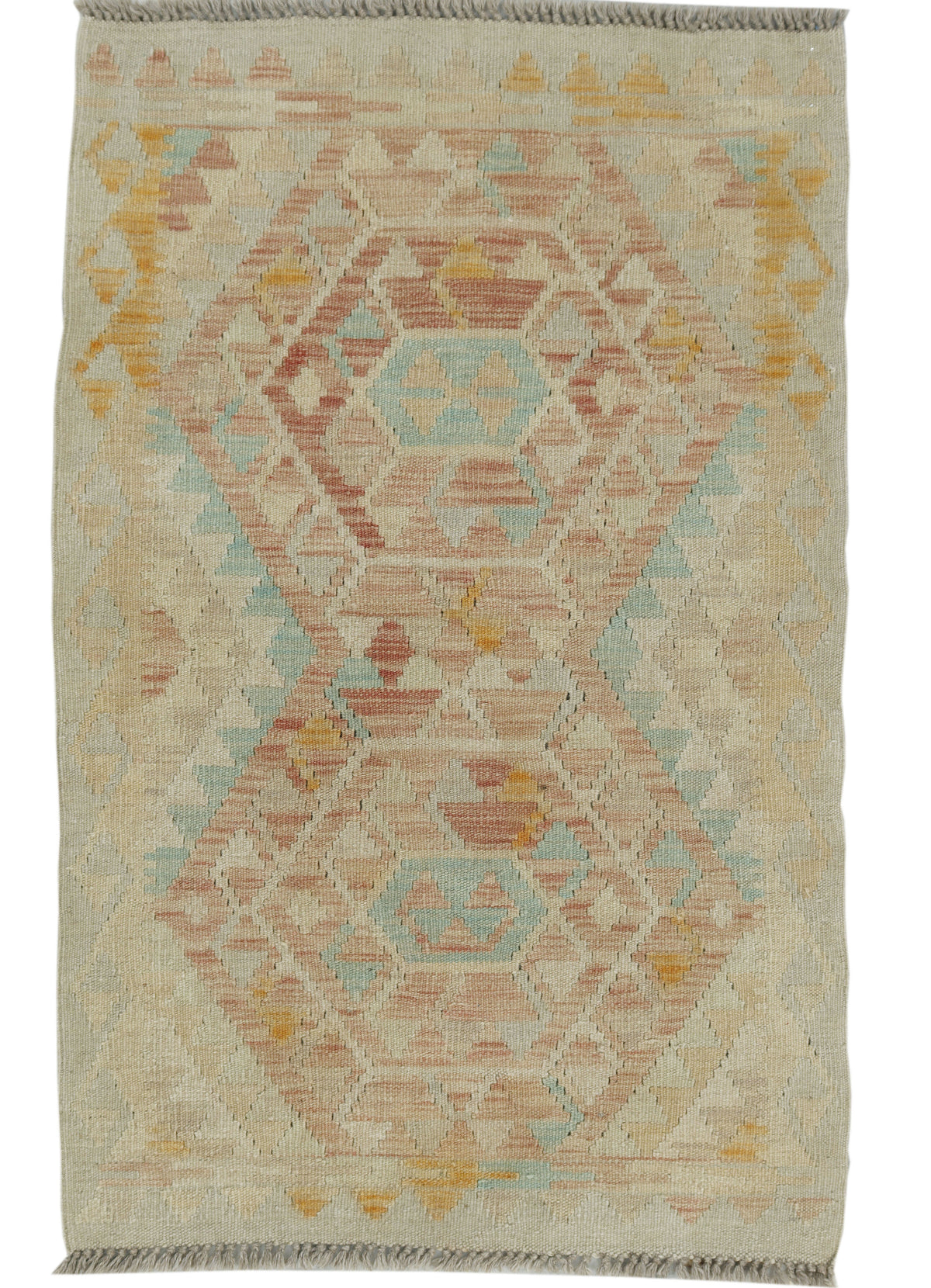 Colorful Afghan Kilim rug by eastofhere with intricate geometric patterns, measuring 118 x 76 cm, traditional handmade textile.