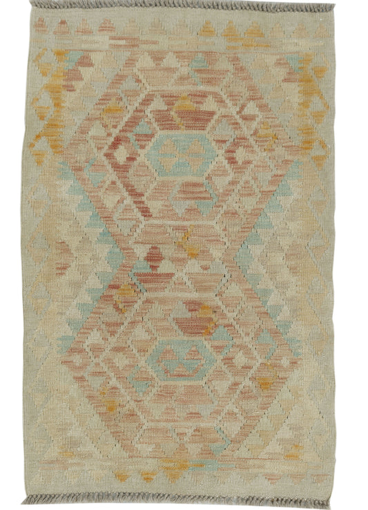 Colorful Afghan Kilim rug by eastofhere with intricate geometric patterns, measuring 118 x 76 cm, traditional handmade textile.