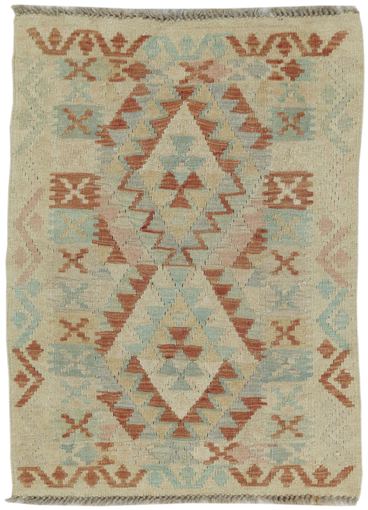 Afghan Kilim rug from eastofhere, 105x77cm, featuring traditional woven geometric patterns in vibrant colors.