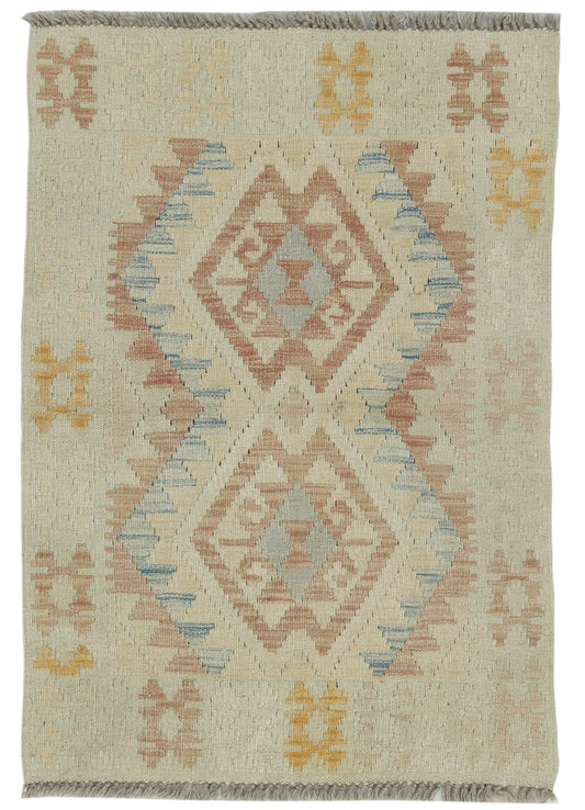 Afghan Kilim rug by eastofhere, 108x76cm, featuring traditional geometric patterns in vibrant colors, perfect for home decor.