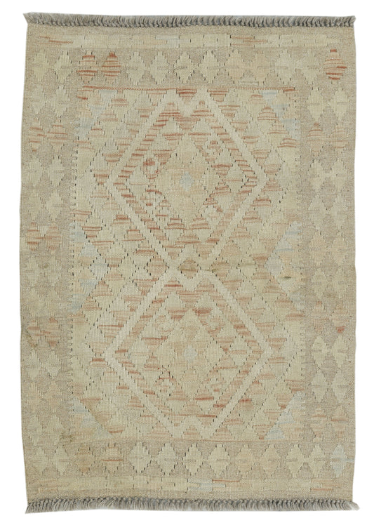 Afghan Kilim rug by eastofhere, 106 x 74cm, featuring traditional geometric patterns in vibrant colors on a woven textile background.