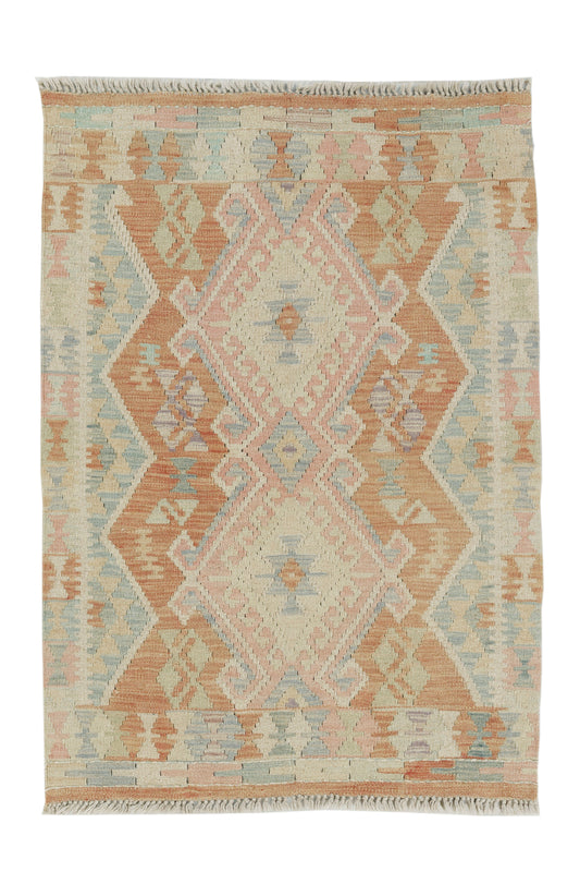 Afghan Kilim rug by eastofhere, 122x87cm, featuring traditional geometric patterns and vibrant colors on woven textile.