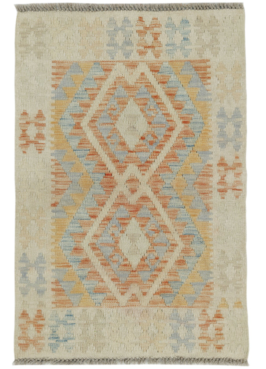 Afghan Kilim rug by eastofhere, 113x76cm, featuring traditional geometric patterns and vibrant colors on woven fabric.