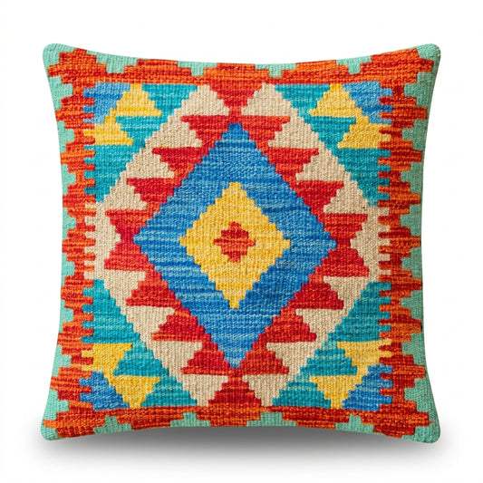 Kilim cushion with geometric diamond pattern in red, yellow, blue, and beige, featuring a turquoise border, by eastofhere.