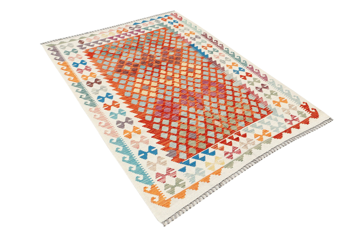 Colorful Afghan Kilim rug from eastofhere, 200x155cm, featuring traditional geometric patterns and vibrant woven textile design.