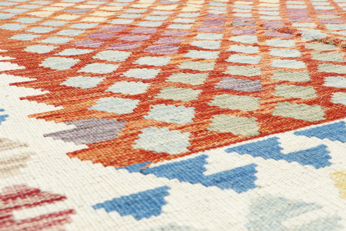 Afghan Kilim rug by eastofhere, 200cm x 155cm, featuring traditional geometric patterns in vibrant colors.