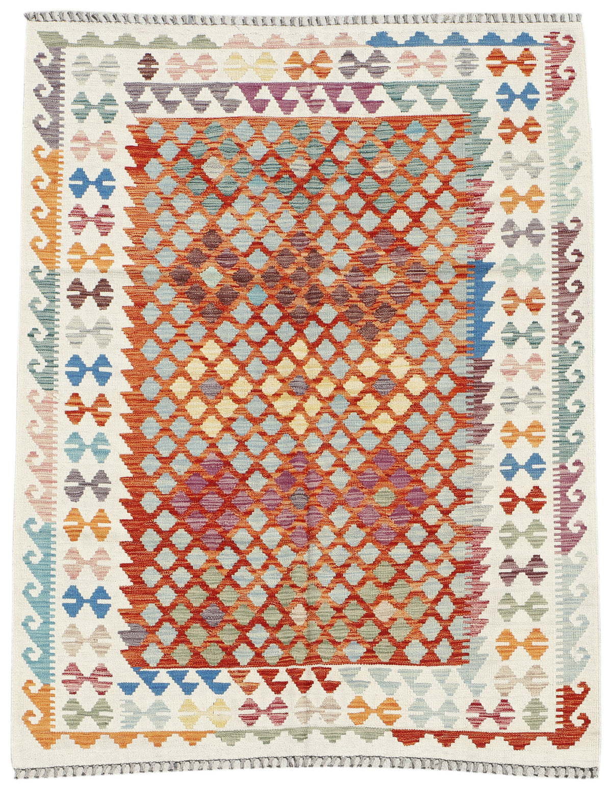 Afghan Kilim rug by eastofhere, 200x155cm, featuring traditional geometric patterns and vibrant colors on woven textile.