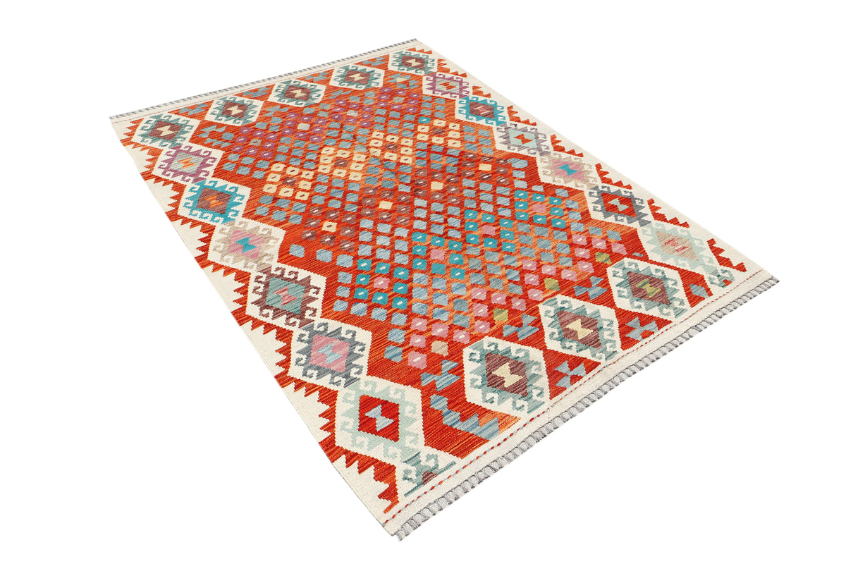 Afghan Kilim rug by eastofhere with geometric patterns, 200x156cm, showcasing vibrant colors and intricate handwoven design.