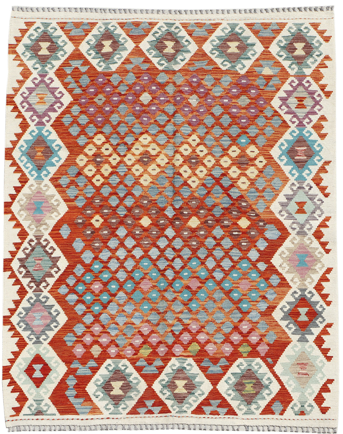 Afghan Kilim rug by eastofhere, 200x156cm, featuring traditional geometric patterns and vibrant earthy colors.