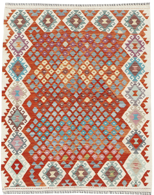 Afghan Kilim rug by eastofhere, 200x156cm, featuring traditional geometric patterns and vibrant earthy colors.