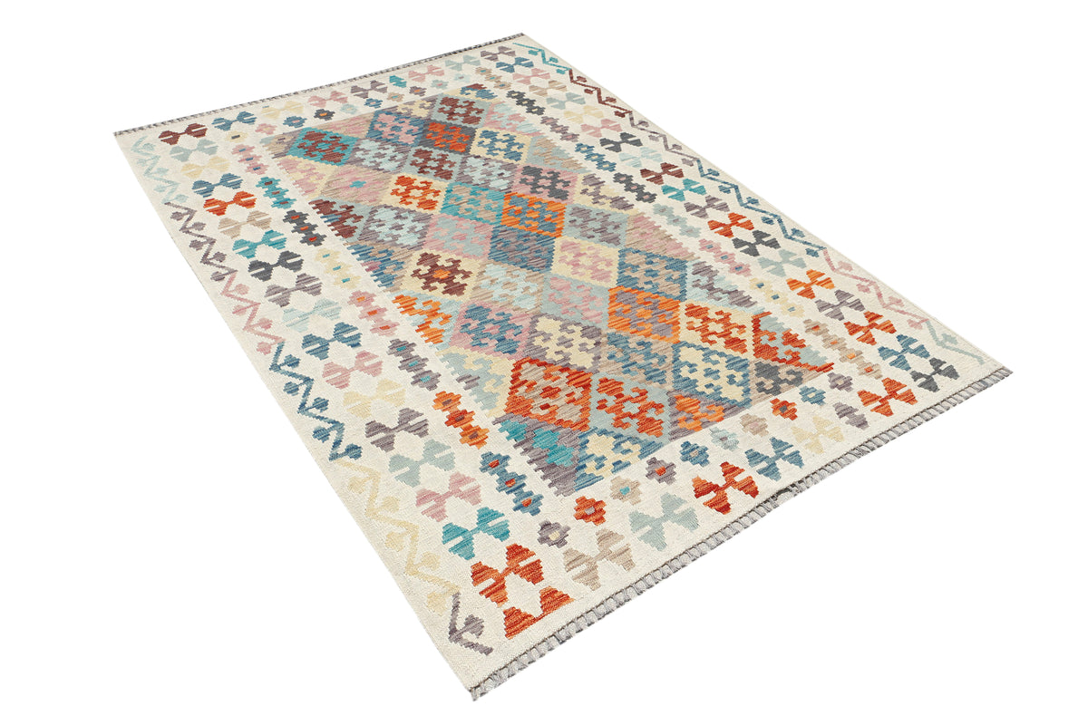 Afghan Kilim rug by eastofhere, 200x154cm, featuring traditional geometric patterns and vibrant colors, handmade textile decor.