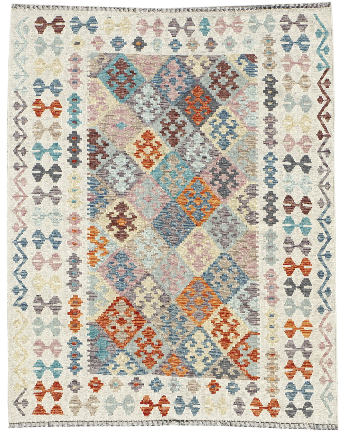 Afghan Kilim rug by eastofhere, 200x154cm, featuring traditional geometric patterns and vibrant colors on a woven textile.