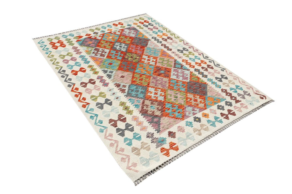 Afghan Kilim rug by eastofhere, 199x155cm, featuring traditional geometric patterns and vibrant colors, woven textile decor.