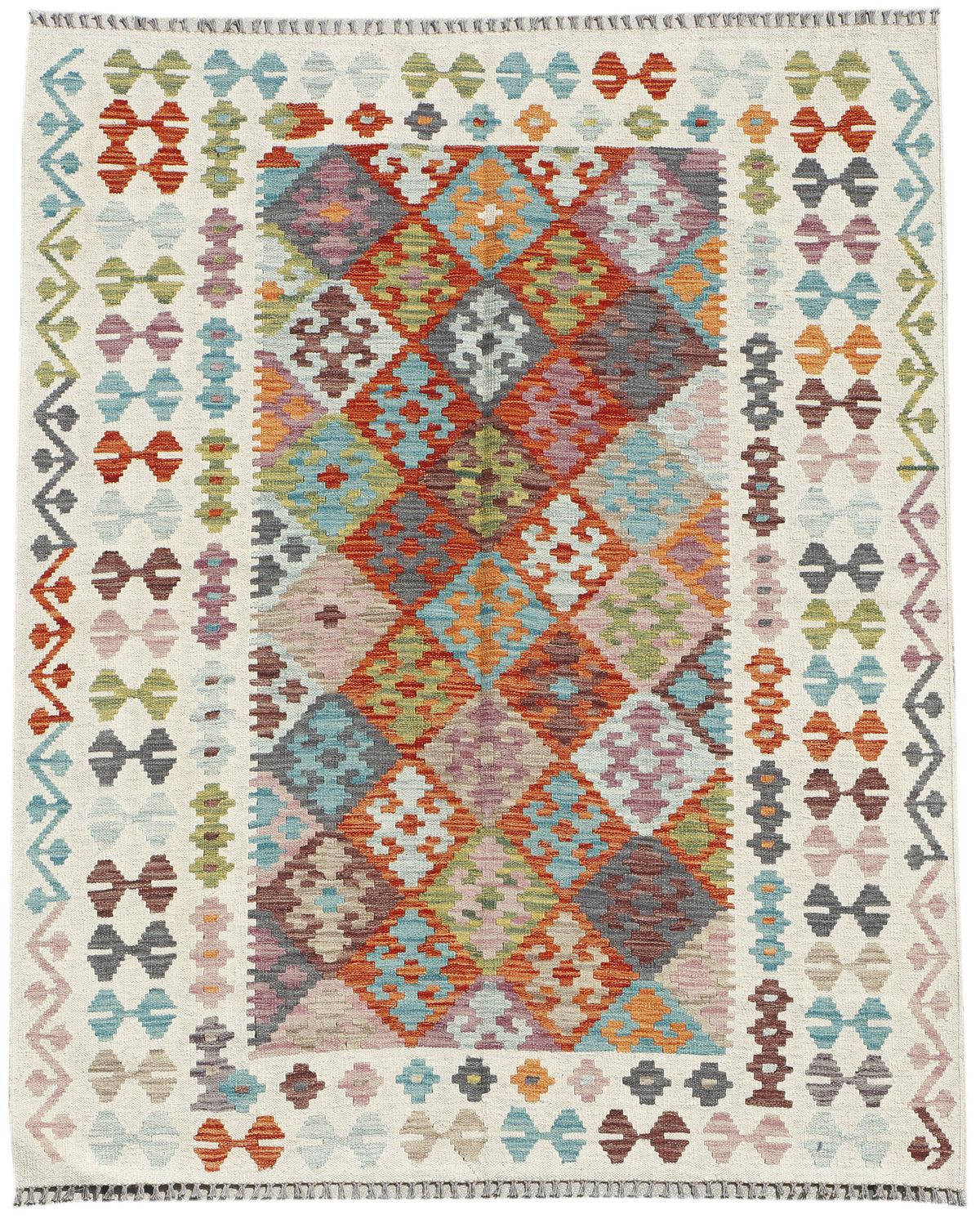 Afghan Kilim rug by eastofhere, 199x155cm, featuring colorful geometric patterns and traditional woven textile design.