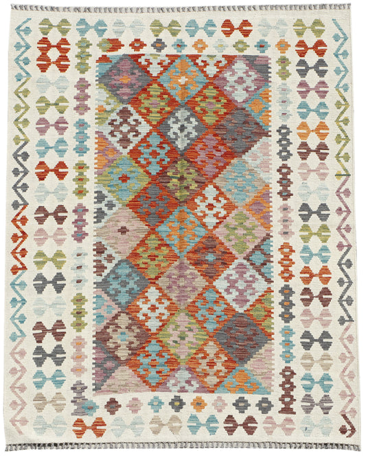 Afghan Kilim rug by eastofhere, 199x155cm, featuring colorful geometric patterns and traditional woven textile design.