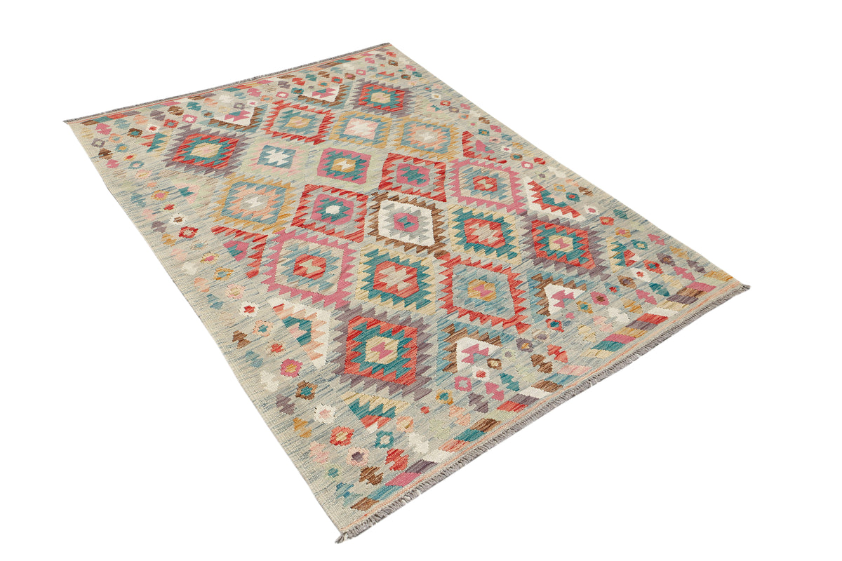 Afghan Kilim rug by eastofhere, 202x151cm, featuring traditional geometric patterns and vibrant colors on woven fabric.