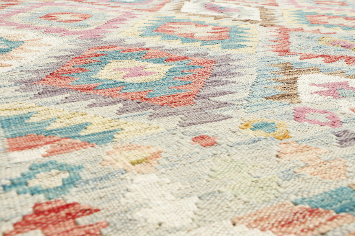 Afghan Kilim rug with geometric patterns in vibrant colors, measuring 202 x 151 cm, from Eastofhere.