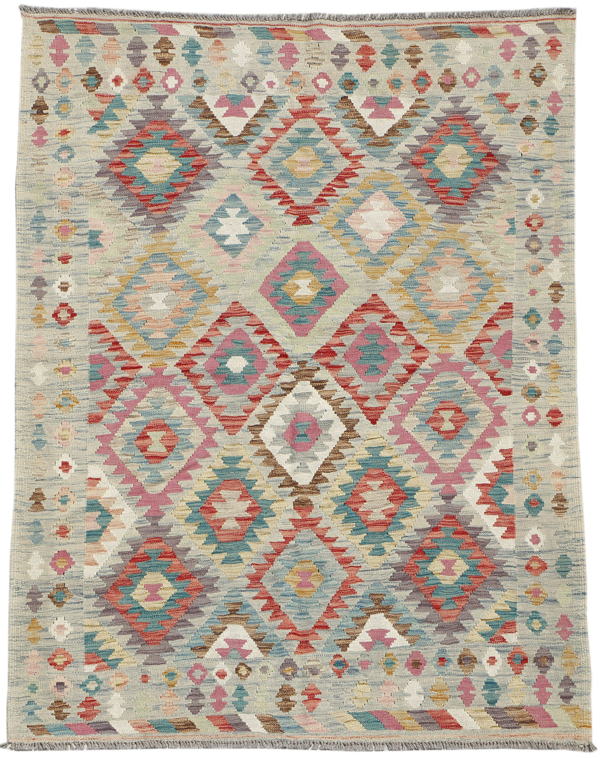 Afghan Kilim rug by eastofhere, 202x151cm, featuring traditional geometric patterns in vibrant colors and woven textile design.
