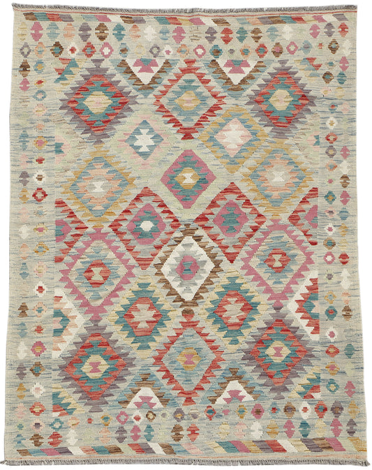 Afghan Kilim rug by eastofhere, 202x151cm, featuring traditional geometric patterns in vibrant colors and woven textile design.