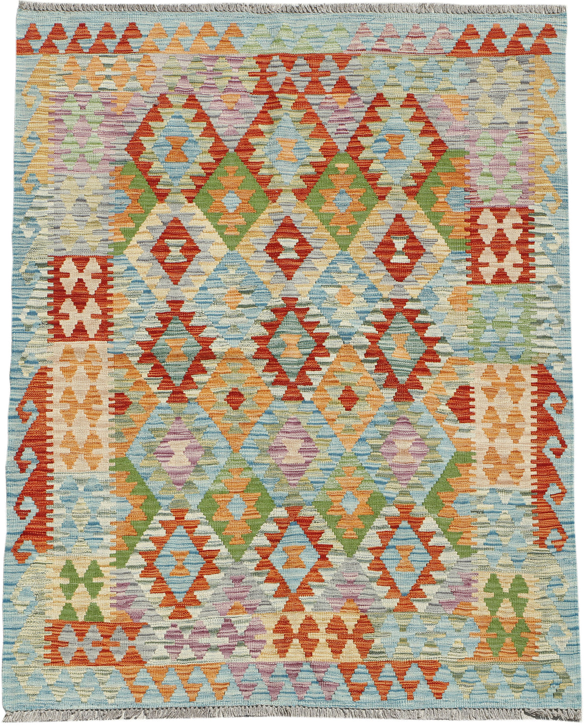 Afghan Kilim rug by eastofhere, 198x153cm, featuring traditional geometric patterns in vibrant colors on woven fabric.