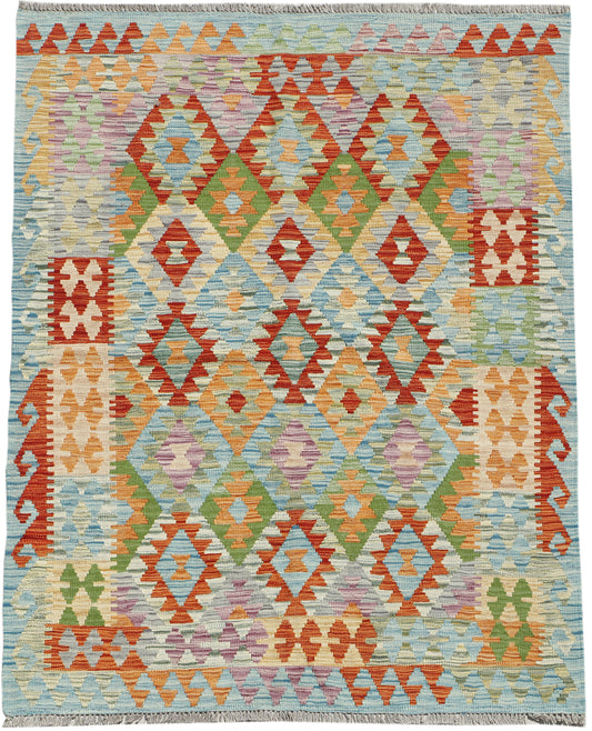 Afghan Kilim rug by eastofhere, 198x153cm, featuring traditional geometric patterns in vibrant colors on woven fabric.