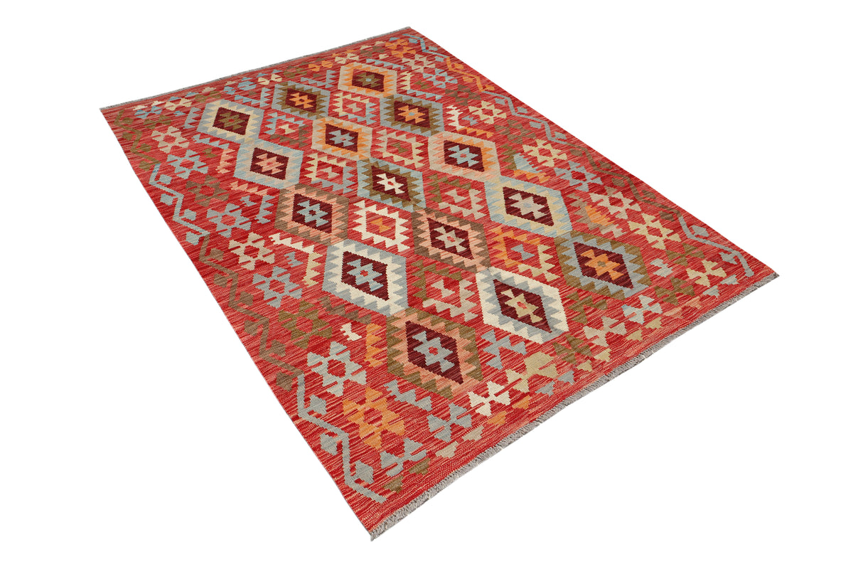 Afghan Kilim rug with intricate geometric patterns in vibrant colors, measuring 208x157cm, by eastofhere.