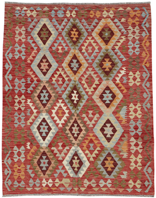 Afghan Kilim rug by eastofhere, traditional geometric pattern in vibrant colors, measuring 208 x 157cm, woven textile decor.