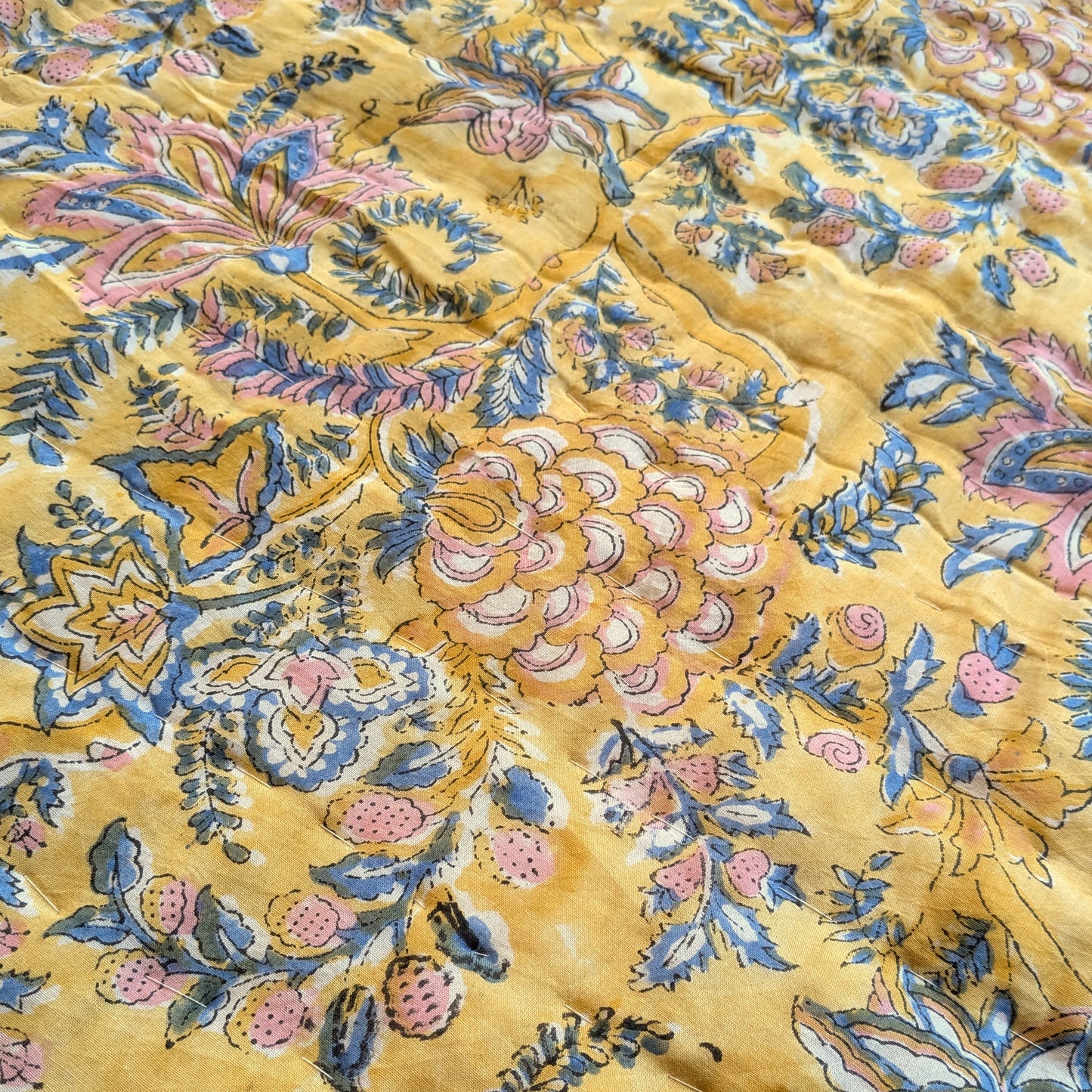 Close-up of floral patterned fabric with yellow background