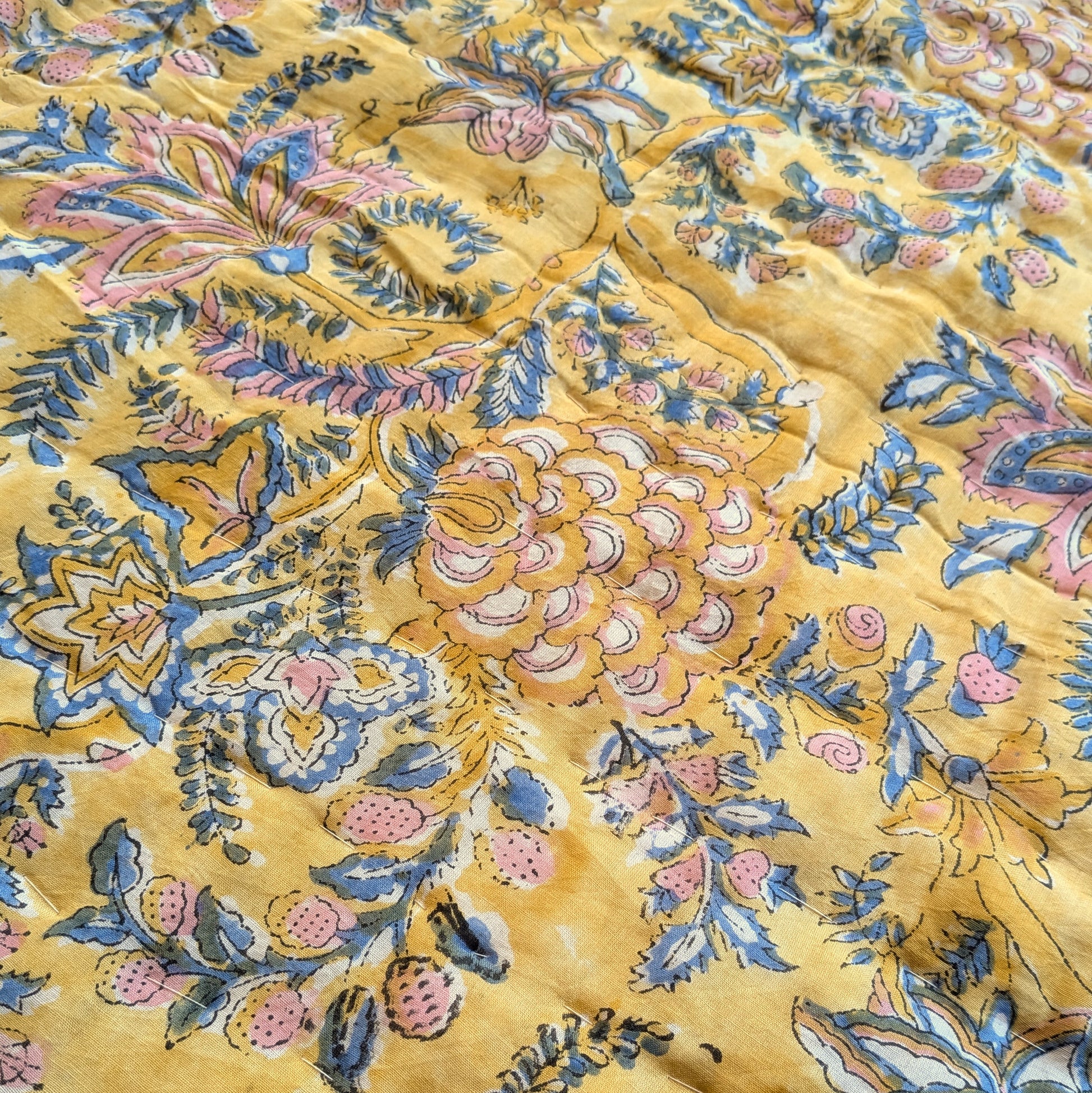 Close-up of floral patterned fabric with yellow background