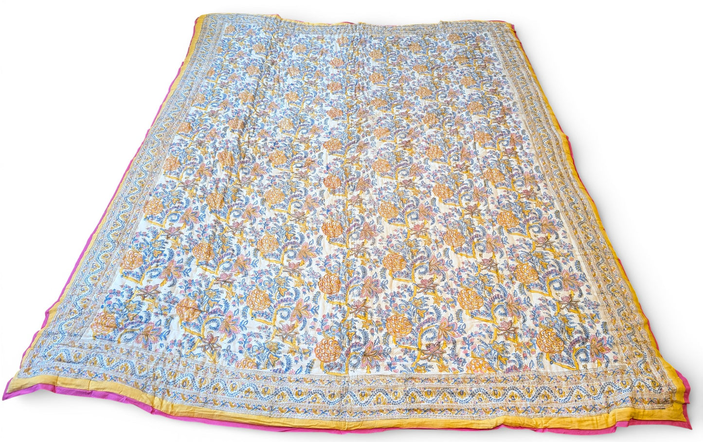 Floral patterned fabric with yellow and pink border on a white background