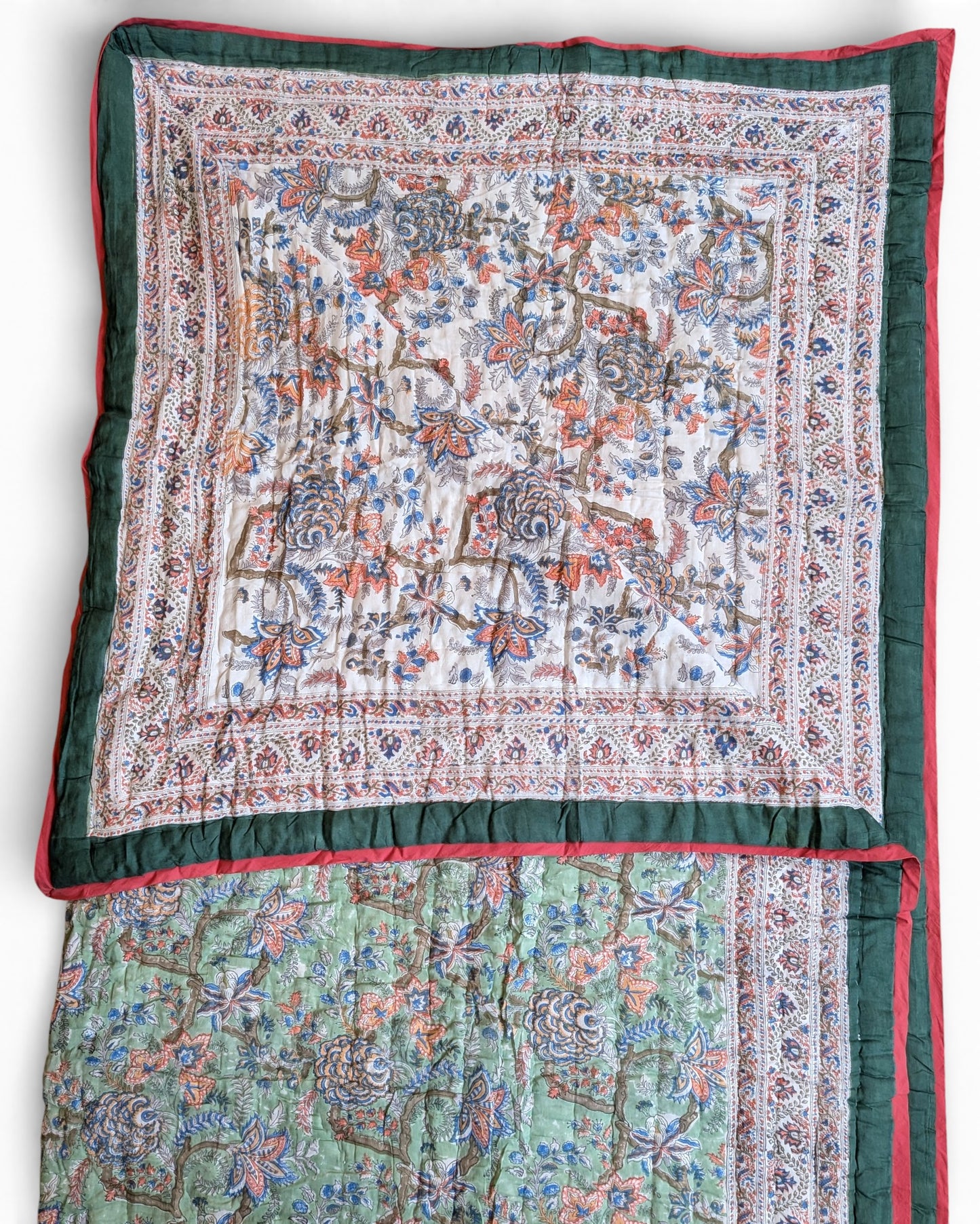 Decorative quilt with intricate patterns on a white background