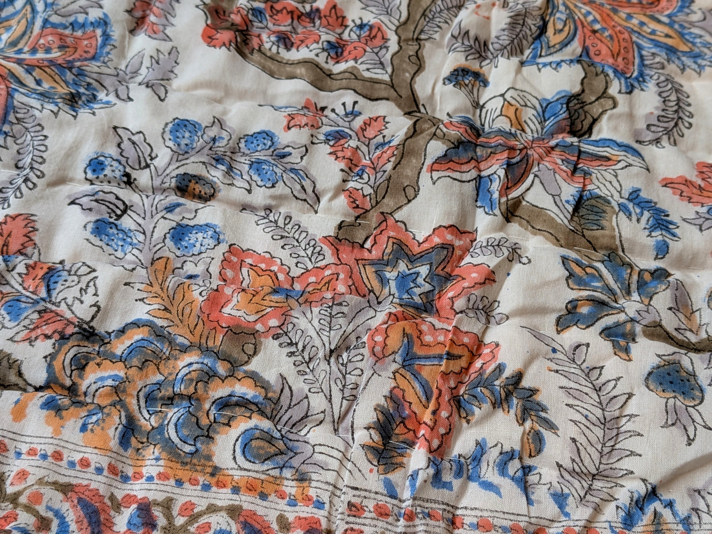 Close-up of a colorful floral pattern on fabric