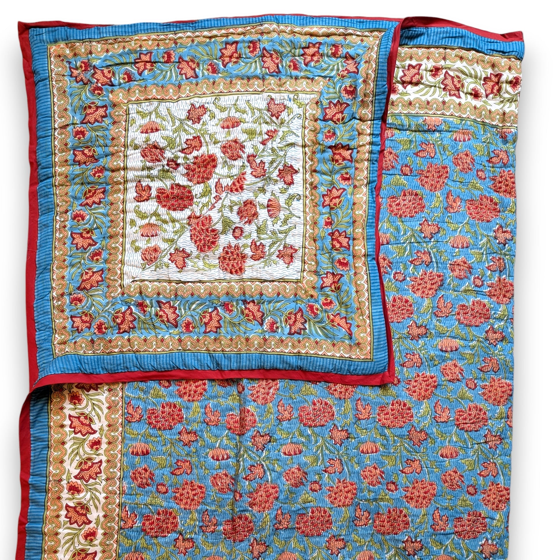 Floral patterned fabric with red flowers on a blue background