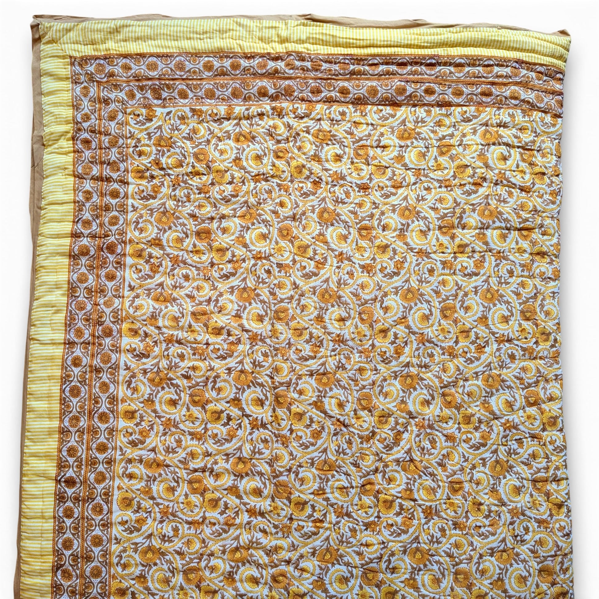 Decorative fabric with floral pattern and yellow border on a white background