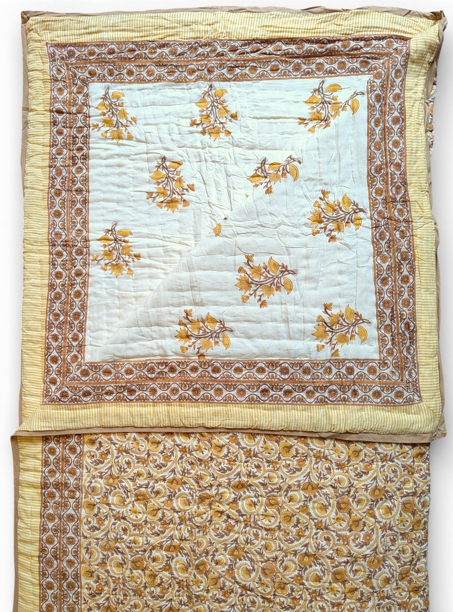 Decorative quilt with floral patterns on a white background