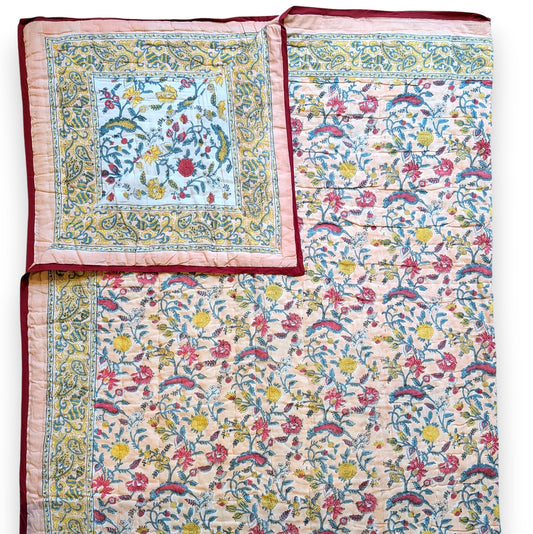 Colorful floral quilt with intricate patterns on a white background