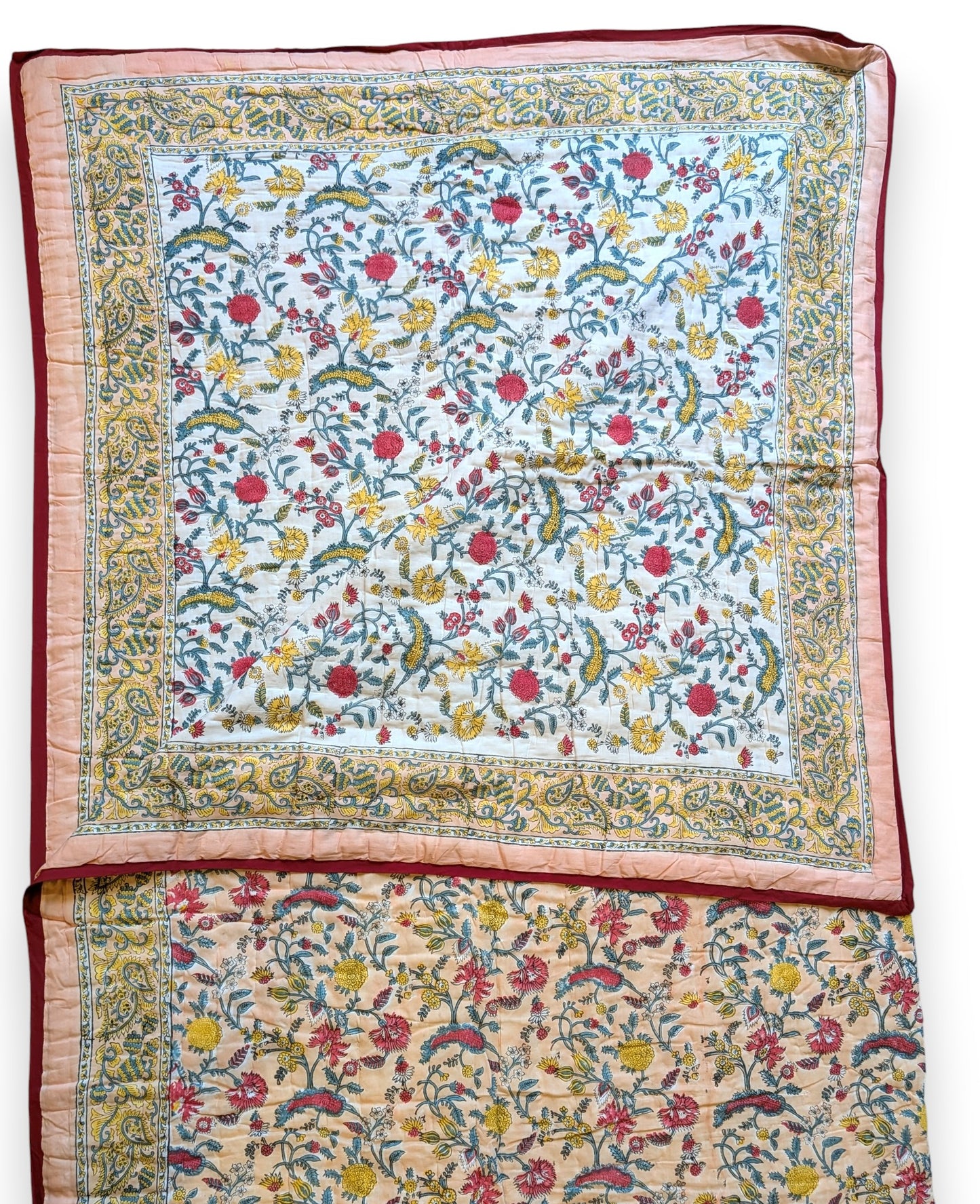 Floral patterned fabric with a red border on a white background