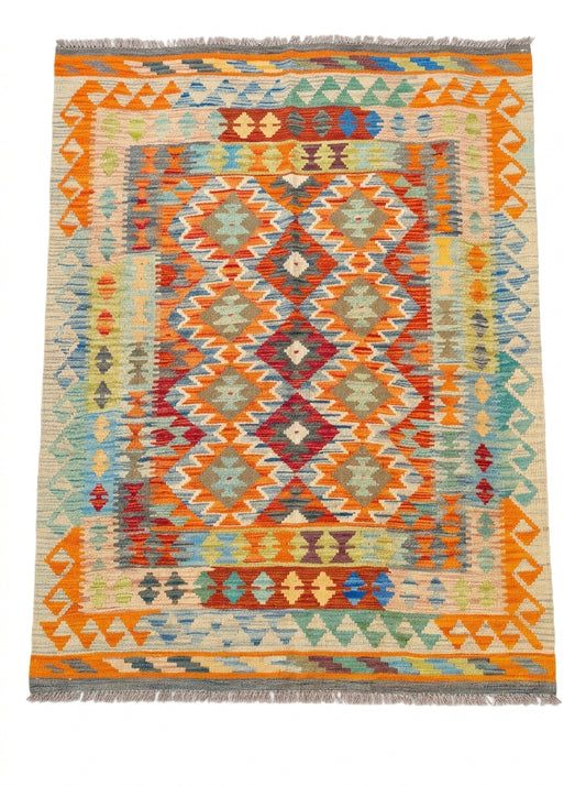 Colorful Eastofhere Kilim rug with intricate geometric patterns, measuring 185 x 128cm, ideal for adding vibrant style to any space.