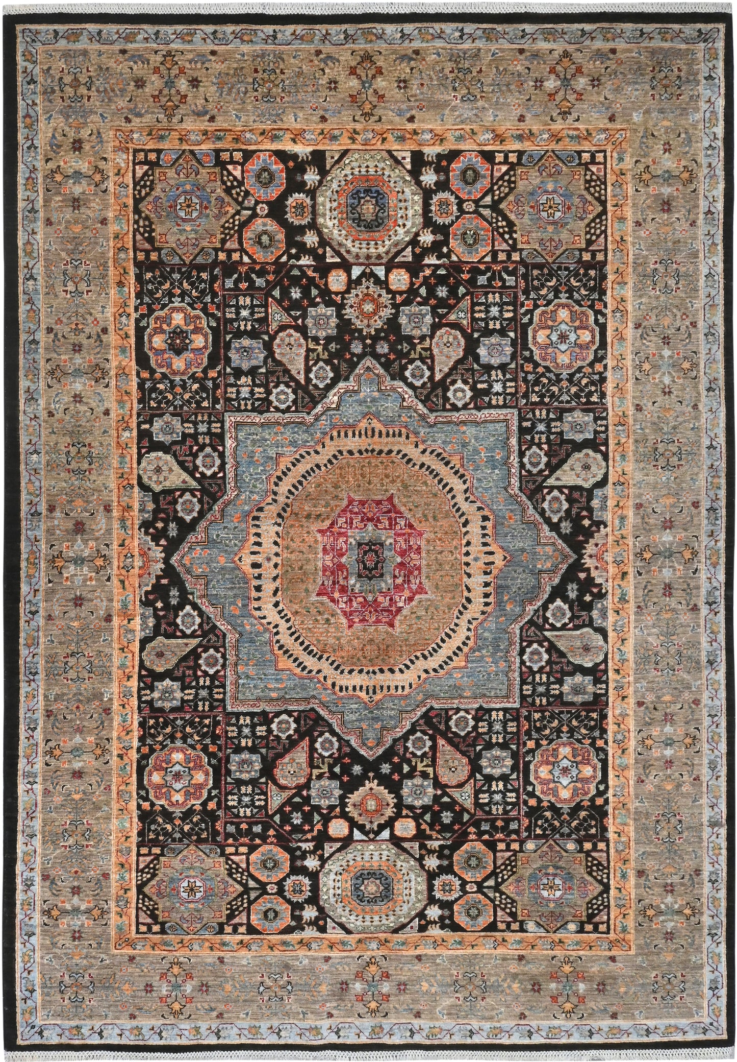 Decorative rug with intricate patterns and colors on a plain background