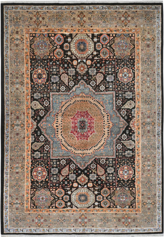 Decorative rug with intricate patterns and colors on a plain background