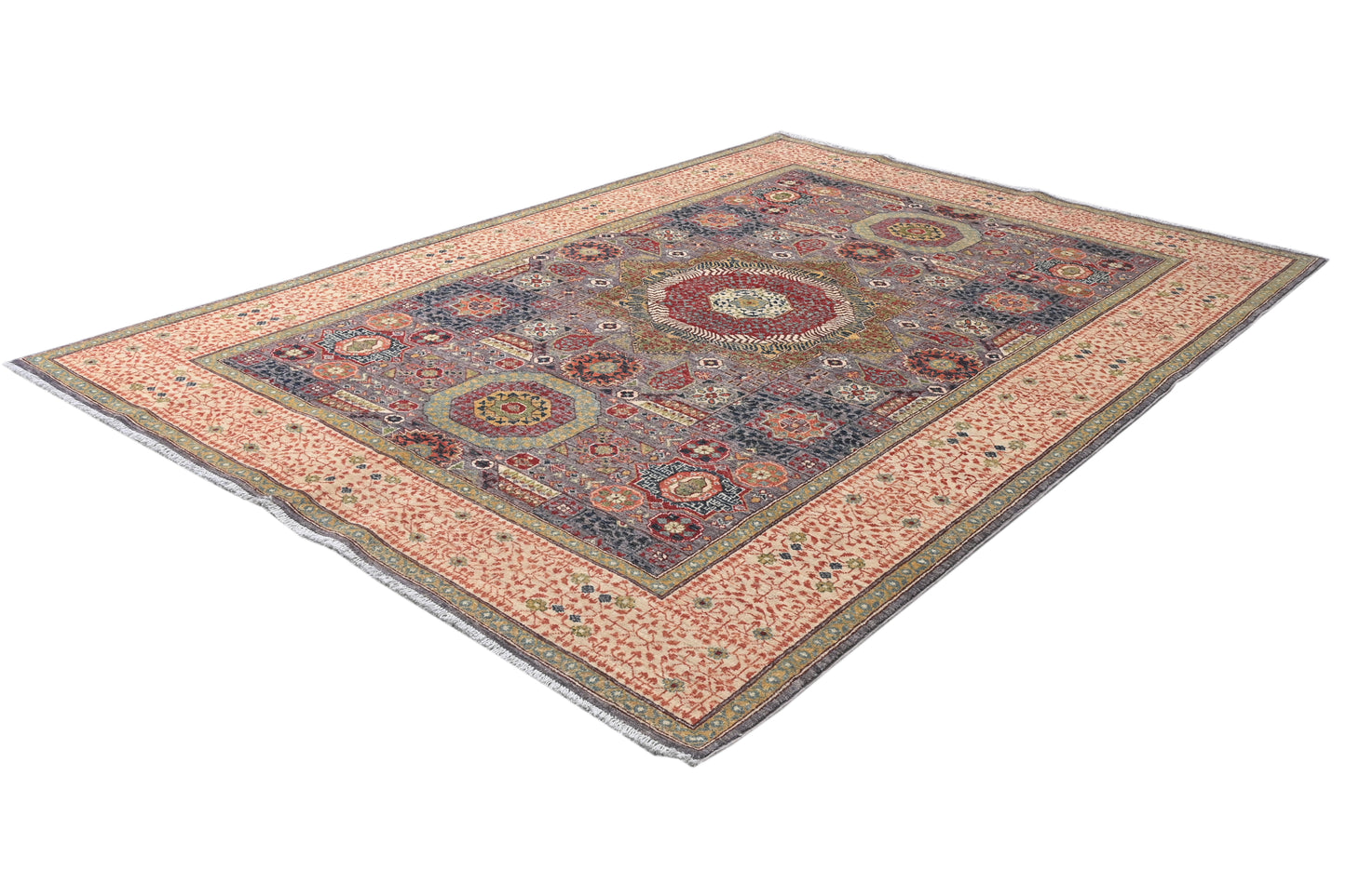 Decorative rug with intricate patterns on a white background