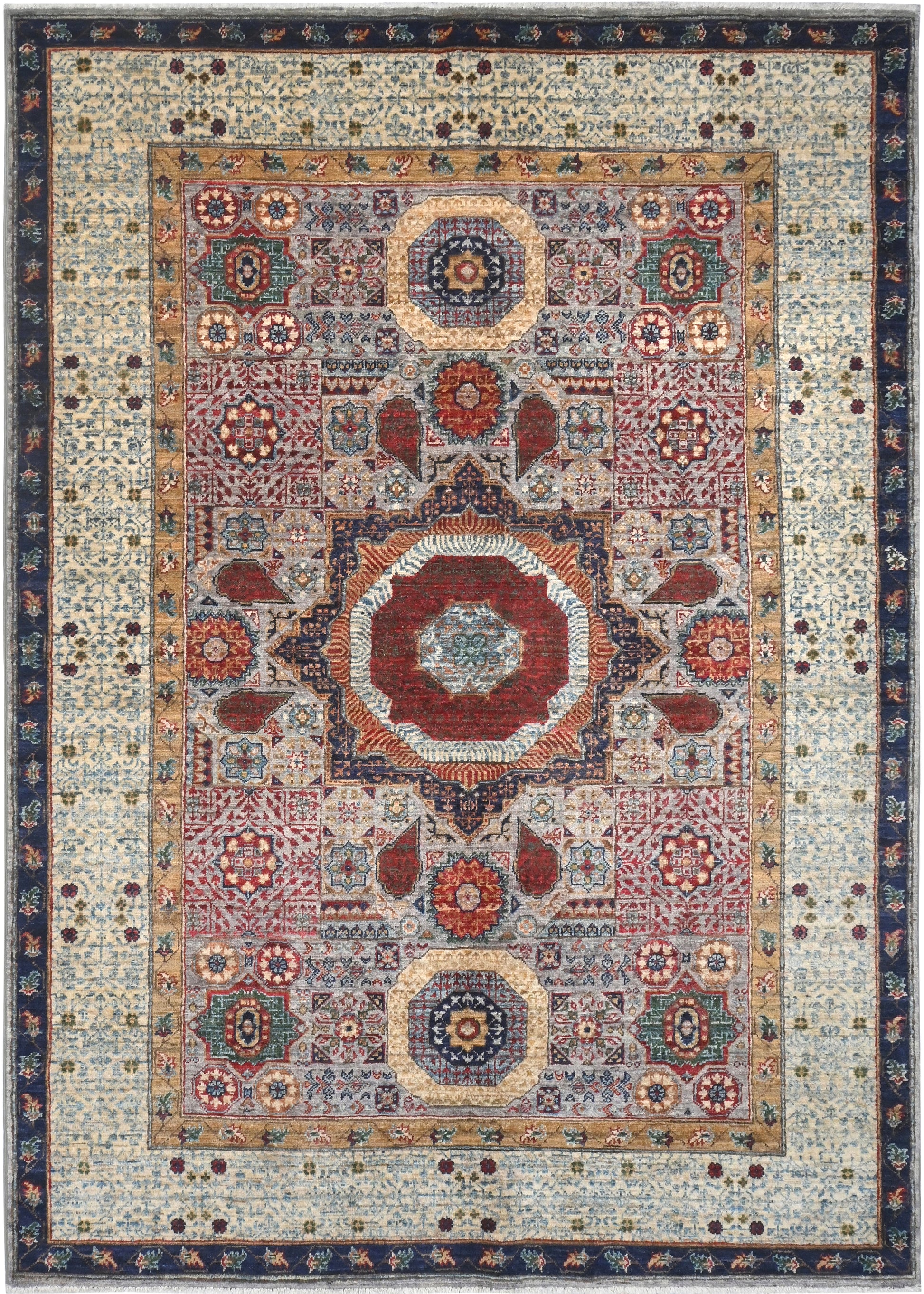 Decorative area rug with intricate patterns and colors on a beige background