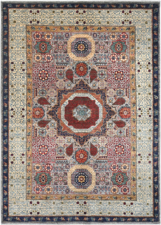 Decorative area rug with intricate patterns and colors on a beige background