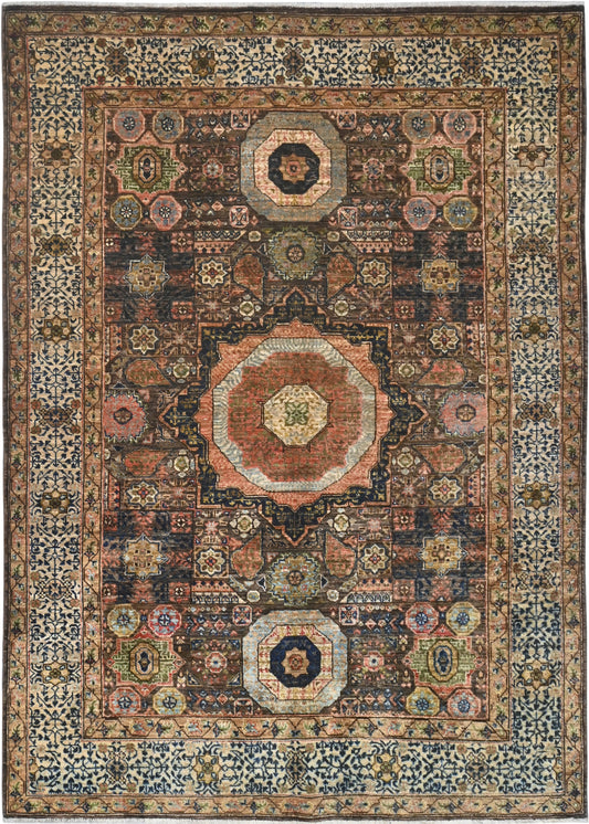 Decorative rug with intricate patterns and colors on a dark background