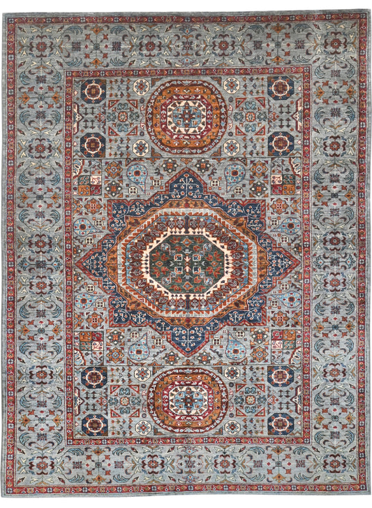 Decorative rug with intricate patterns and colors on a plain background