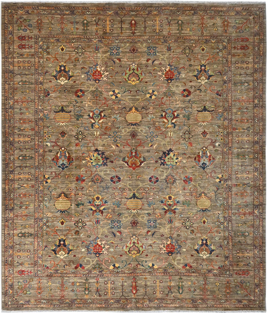 Decorative rug with intricate patterns and colors on a brown background
