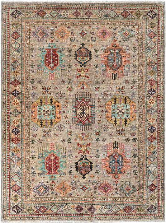 Decorative rug with intricate patterns and colors on a beige background