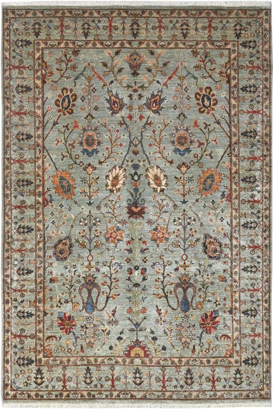 Decorative rug with floral patterns on a light blue background