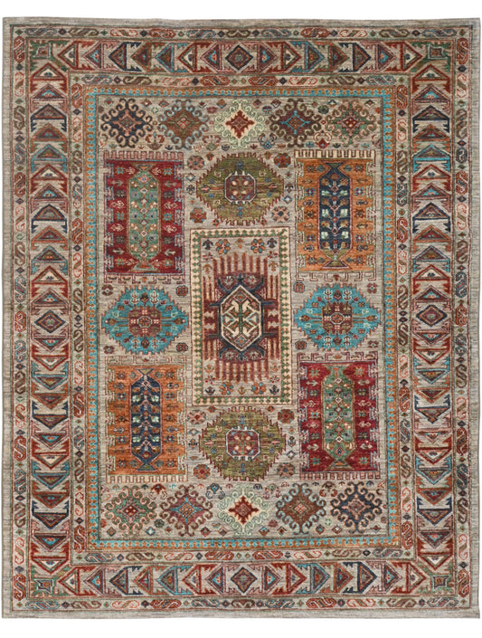 Decorative rug with intricate patterns in red, blue, and beige on a plain background
