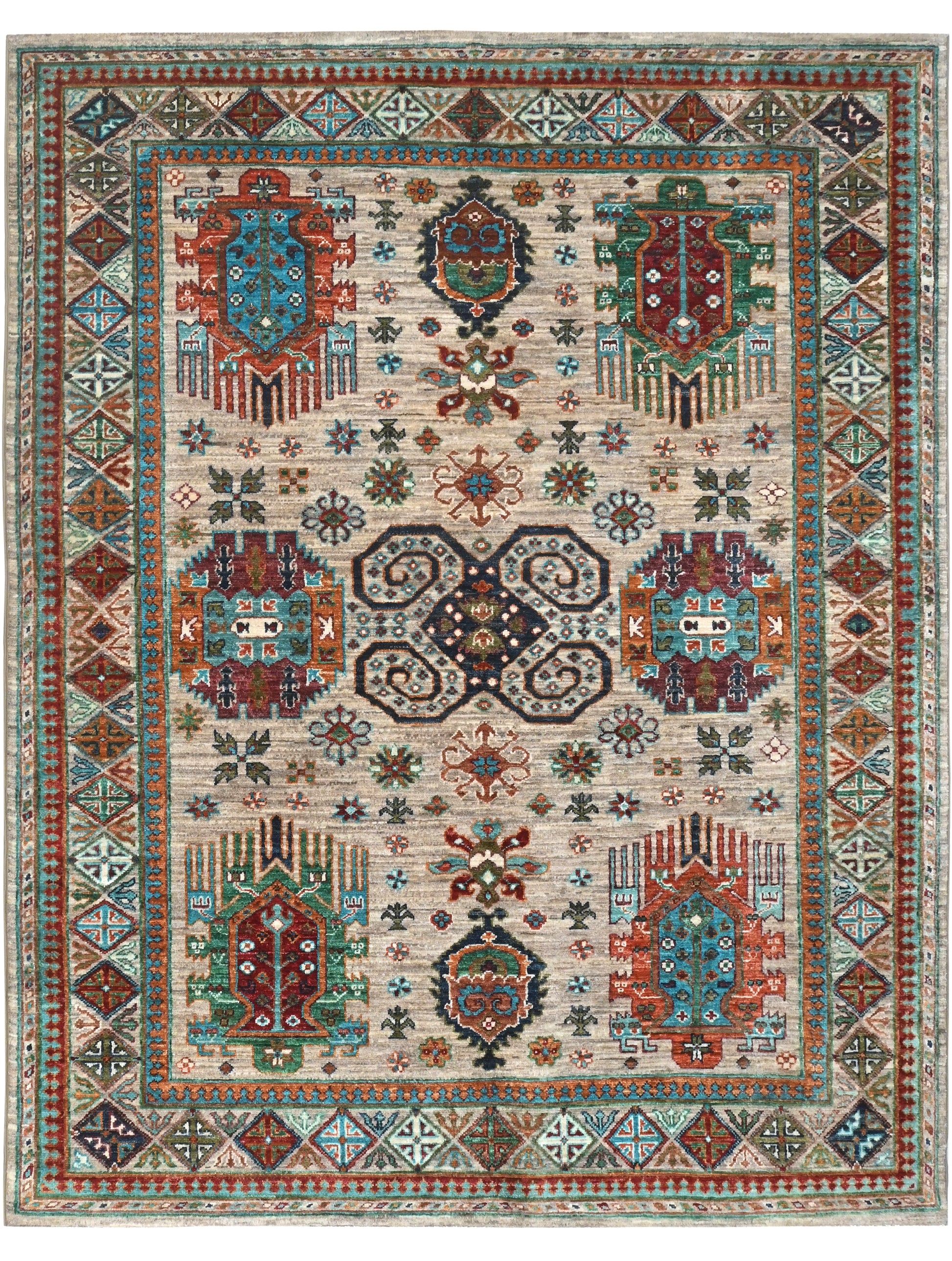 Decorative rug with intricate patterns and colors on a beige background